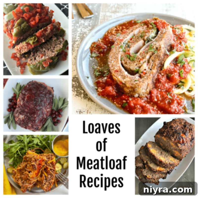 A collection of diverse meatloaf dishes, showcasing different shapes, glazes, and ingredients.