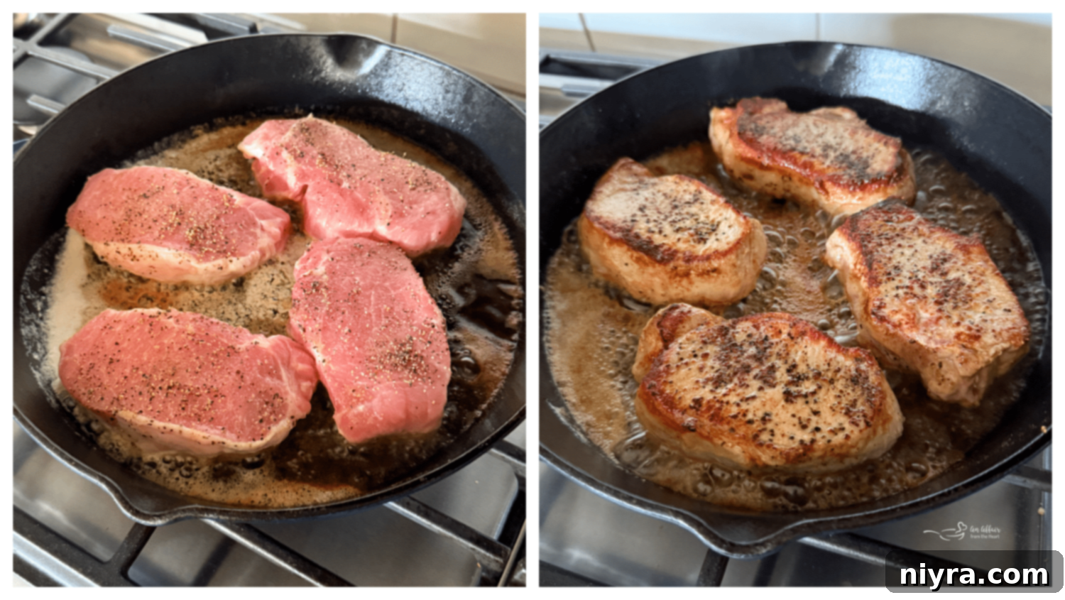 Step-by-step image of searing pork chops in a cast iron skillet for No Peek Pork Chops and Rice.