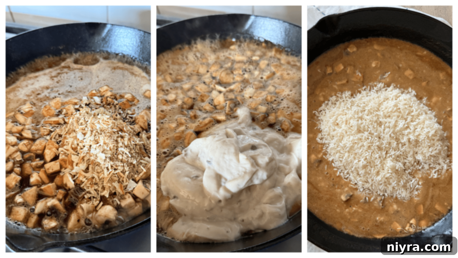 Step-by-step image of adding ingredients to deglaze the pan for No Peek Pork Chops and Rice.