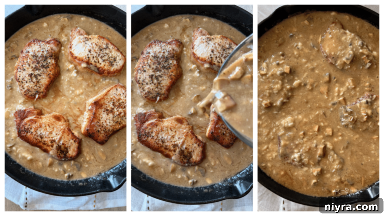 Step-by-step image of placing seared pork chops over rice mixture for baking.