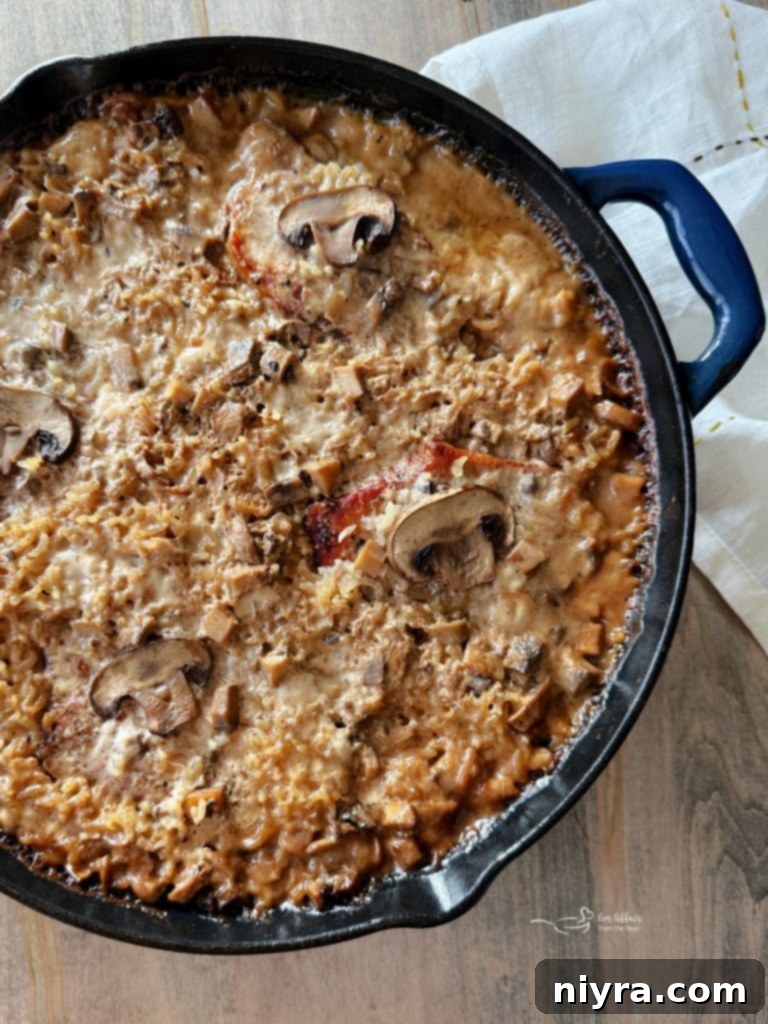 Cooked No Peek Pork Chops and Rice, ready to serve.