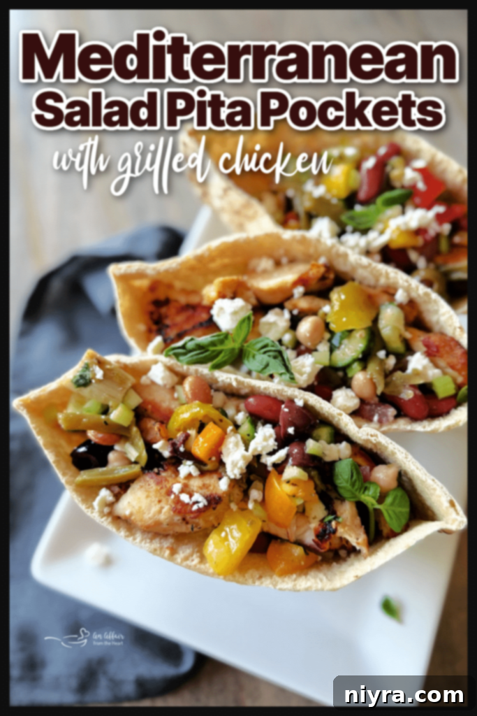 Mediterranean Salad in pita pockets with grilled chicken, showing a serving suggestion.