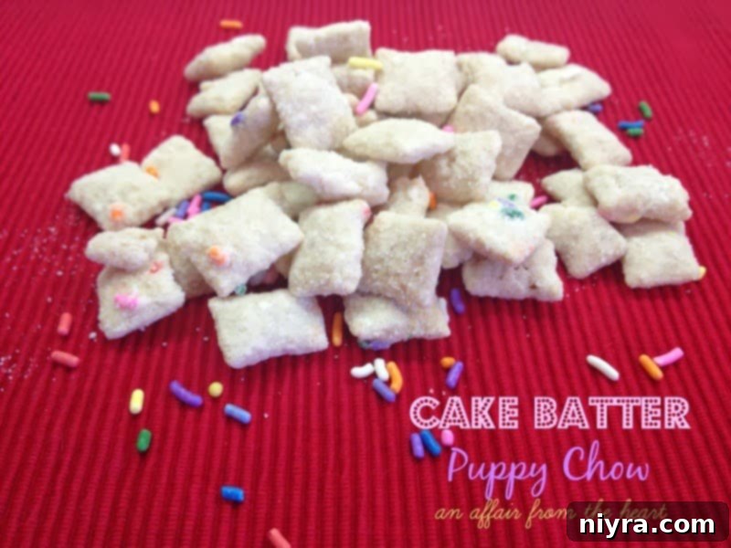 Delicious Cake Batter Puppy Chow Mix, vibrant and festive