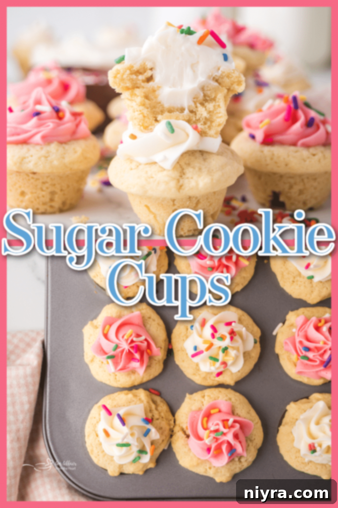 Frosted Sugar Cookie Delights 9 Frosted sugar cookie cups with pink and white frosting and rainbow sprinkles.