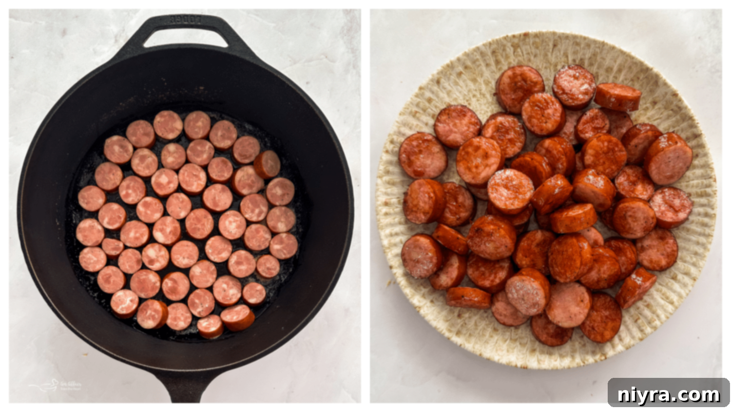 Slicing kielbasa sausage into rounds