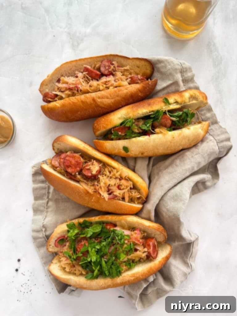 Scooping kielbasa and sauerkraut into a hoagie bun