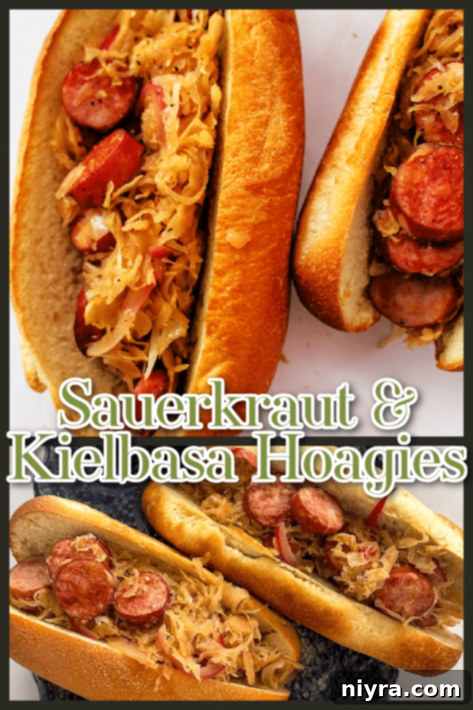 Three Kielbasa and Sauerkraut Hoagies on a wooden board