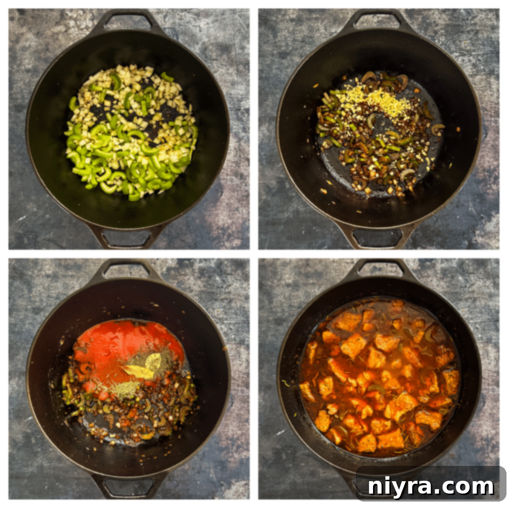 Sautéing onions and celery in a Dutch oven.