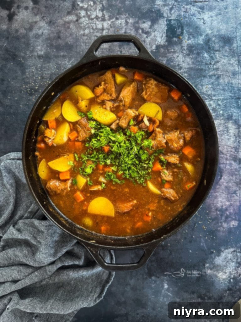 A bowl of finished pork stew garnished with parsley.