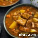 Close up of Pork Stew in a bowl.