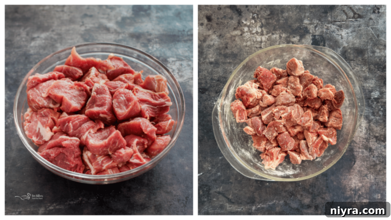 Pork shoulder cubes dredged in flour and salt.