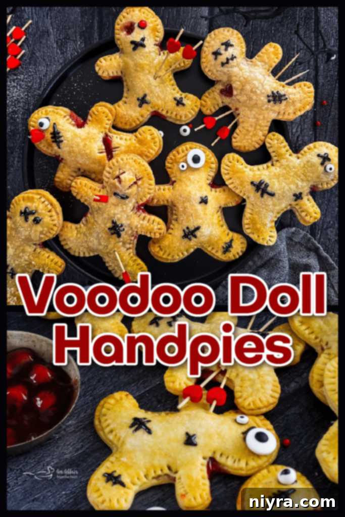 Close up of a Voodoo Doll Hand Pie with black icing stitches