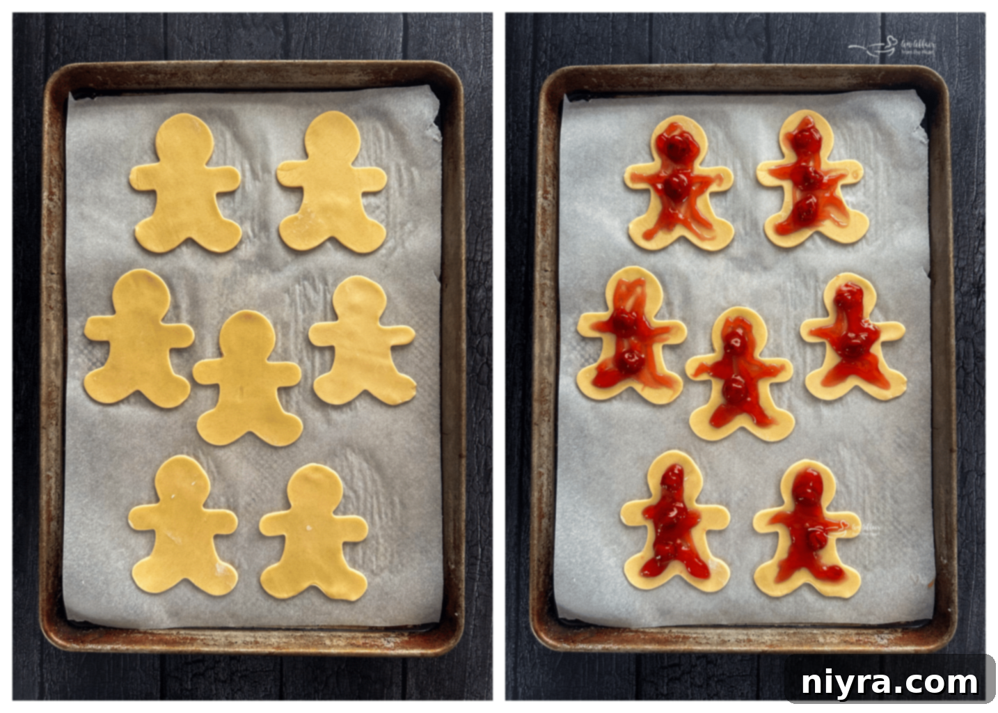 Pie crust shapes filled with cherry pie filling on a baking sheet