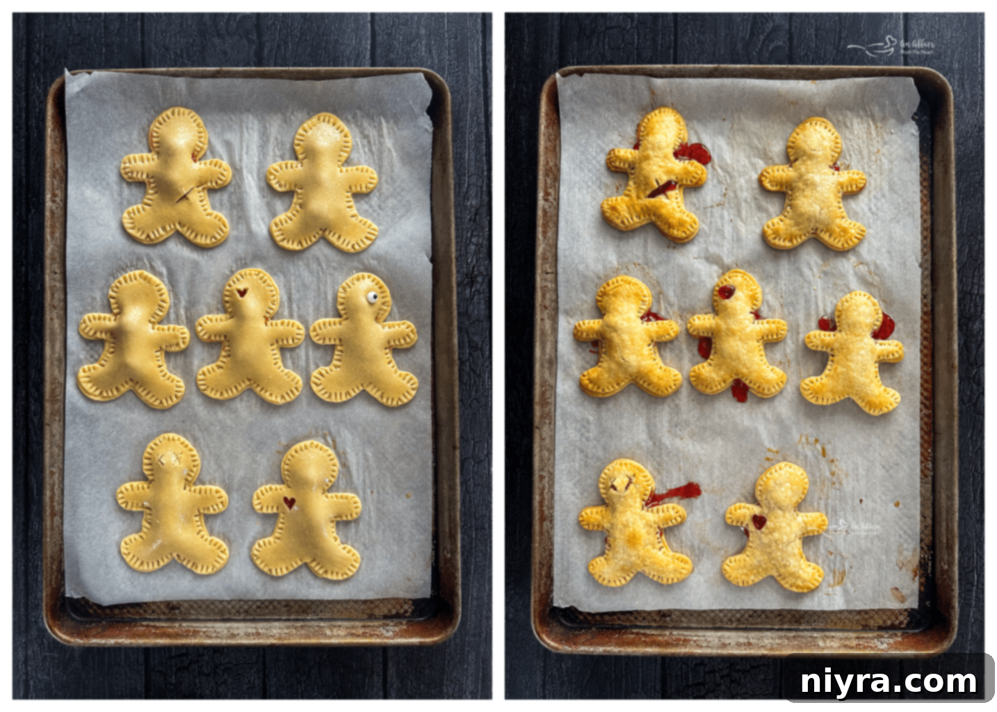 Close-up of Voodoo Doll Hand Pies with fork-crimped edges
