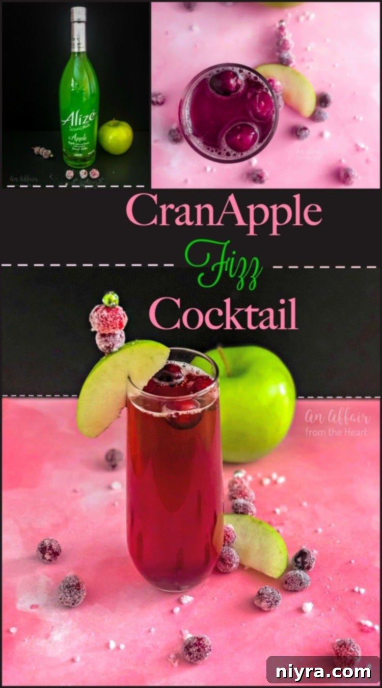 CranApple Fizz Cocktail, a refreshing drink for festive occasions, captured beautifully on a holiday-themed table.