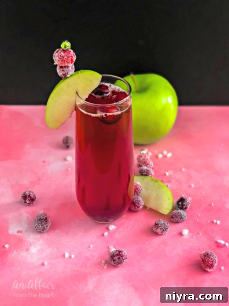 A festive CranApple Fizz Cocktail, adorned with sugared cranberries and an apple slice, embodying holiday cheer.