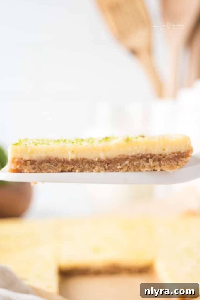 Zesty Key Lime Pie Bars 4 A top-down view of Key Lime Pie Bars garnished with fresh lime zest, perfectly cut into squares.