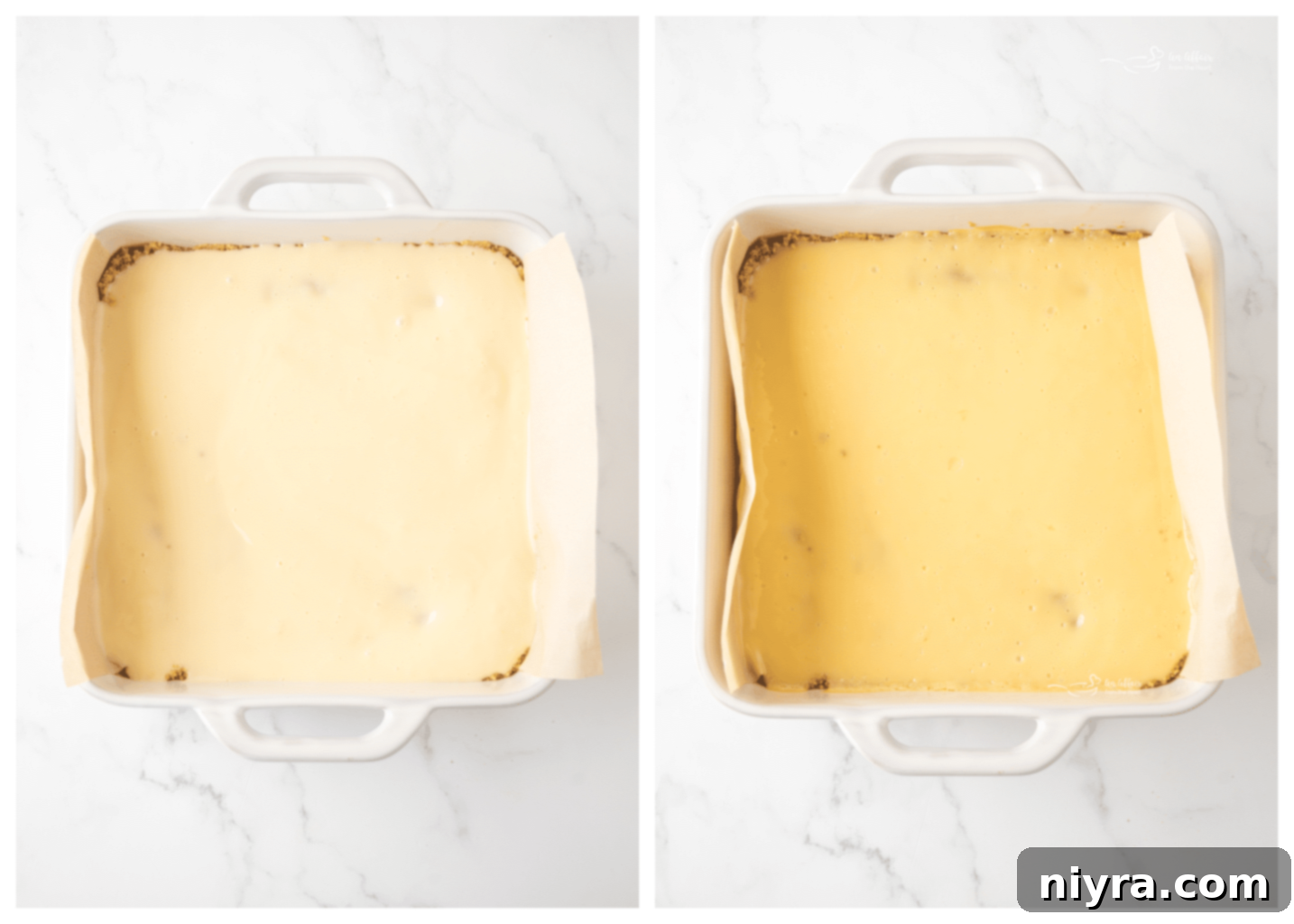 Zesty Key Lime Pie Bars 10 Pouring the creamy key lime filling over the prepared graham cracker crust in a baking dish.