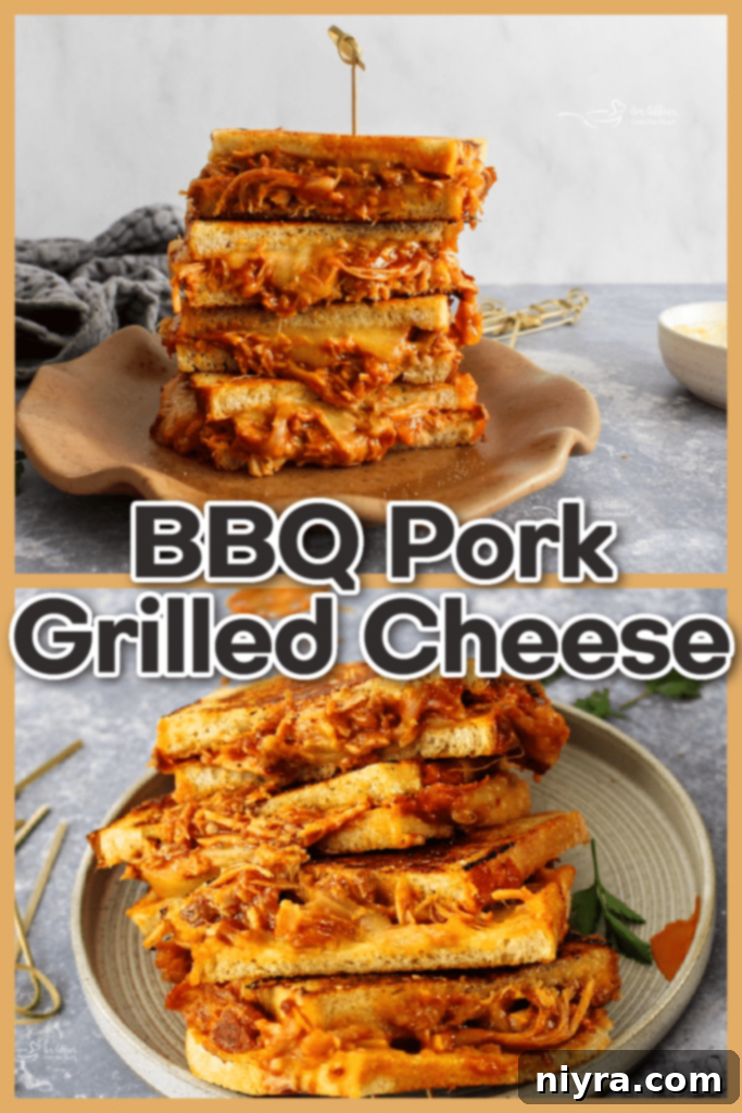 A Pulled Pork Grilled Cheese sandwich with a bite taken out, showing the melted cheese and pork, served with potato chips.