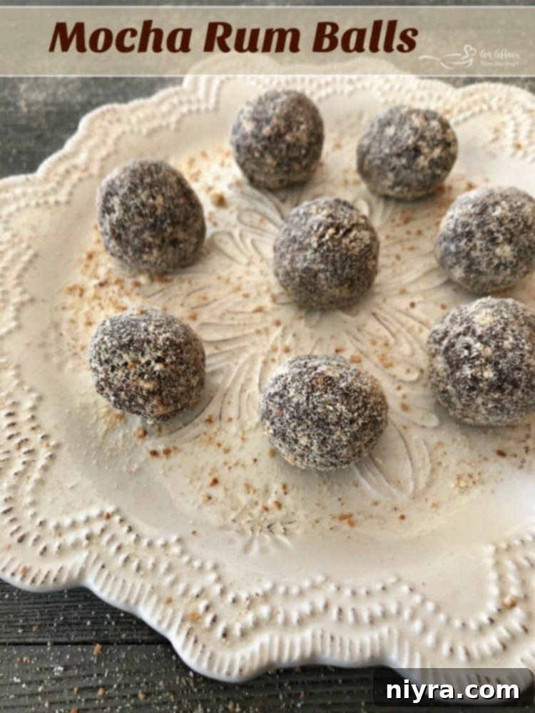 Hero shot of beautifully presented Mocha Rum Balls, close-up and inviting.