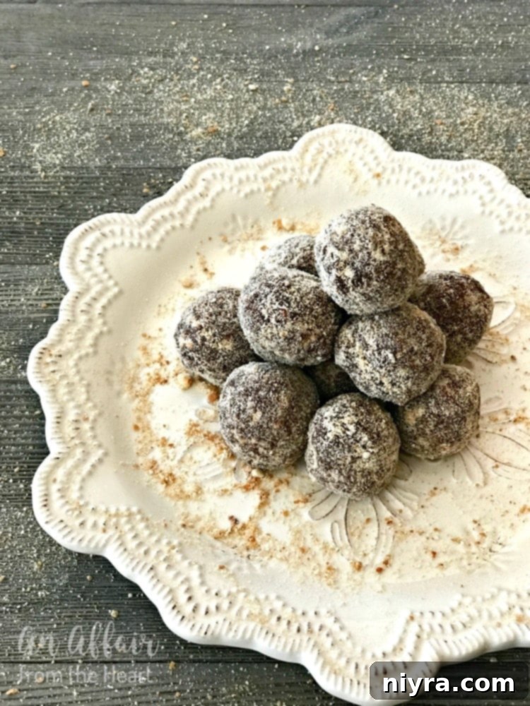 Mocha Rum Balls beautifully arranged on a white tray, ready for serving.
