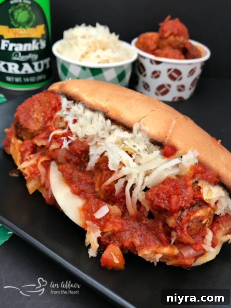 Delicious Instant Pot Twisted Meatball Subs topped with sauerkraut, ready for game day.