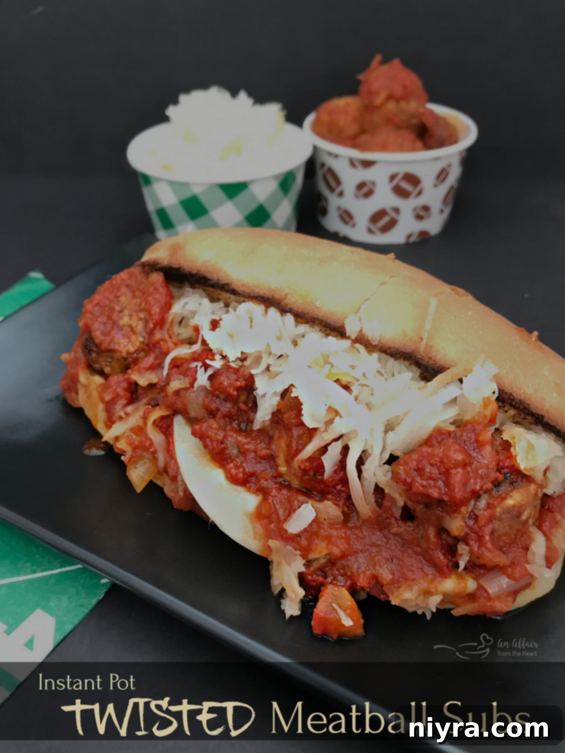 Another mouth-watering shot of a Twisted Meatball Sub, emphasizing its deliciousness.