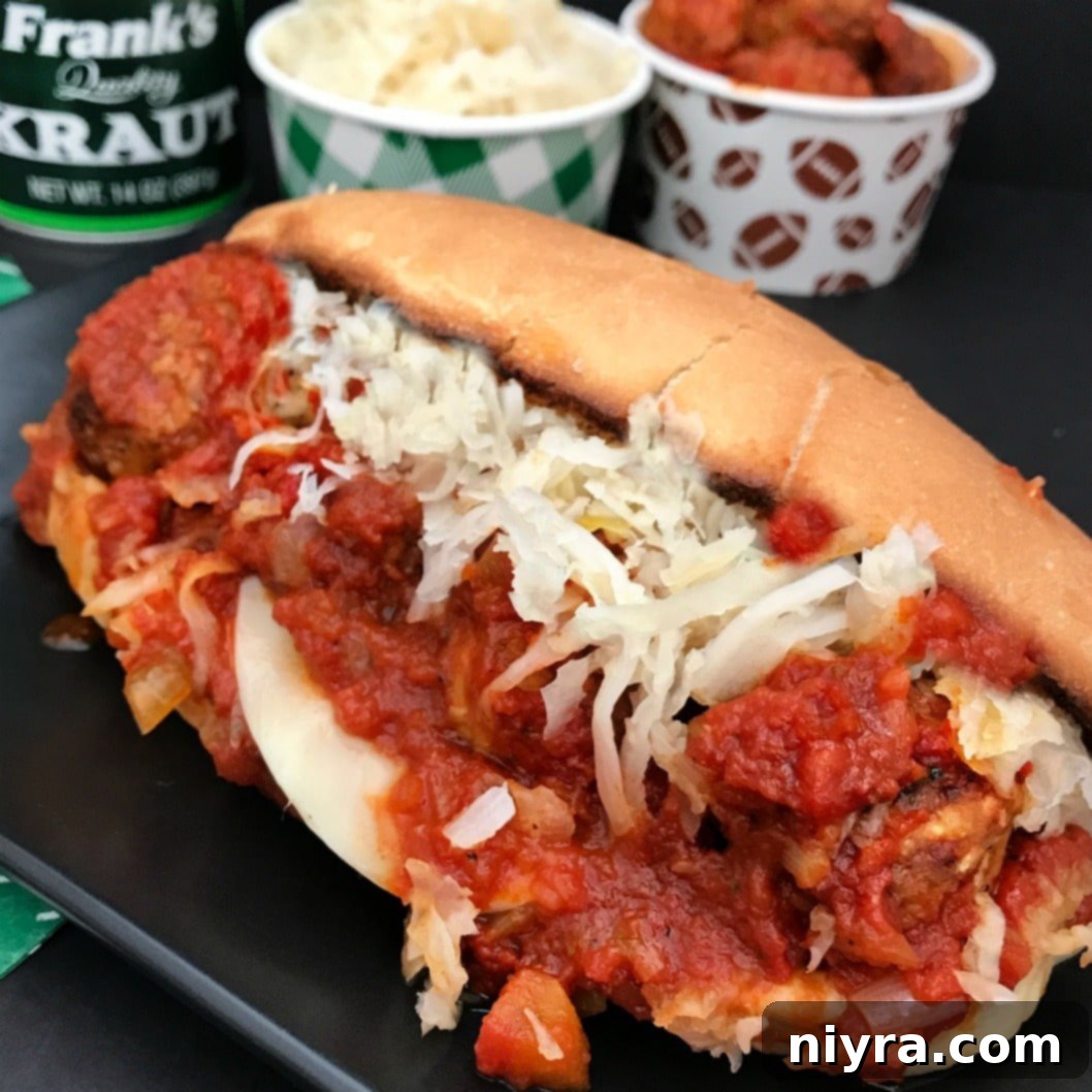 A visually appealing image of the Instant Pot Twisted Meatball Subs with a call to action for Frank's Kraut.