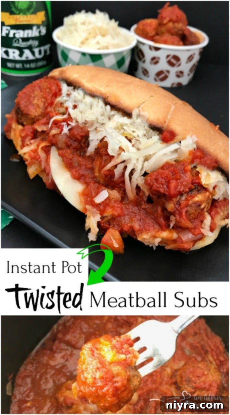 Close-up of a prepared Instant Pot Twisted Meatball Sub by An Affair from the Heart.