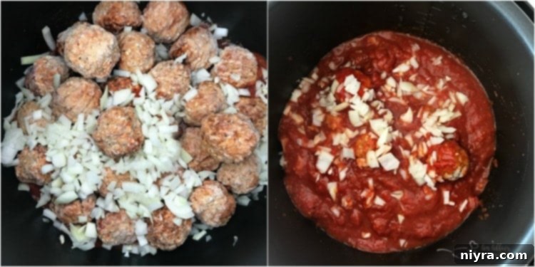 Initial steps of preparing Instant Pot Twisted Meatball Subs: sauce, meatballs, and onions in the Instant Pot.
