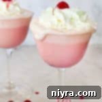 Pink Velvet Dream 18 Close up of a whipped cream topped pink squirrel cocktail.