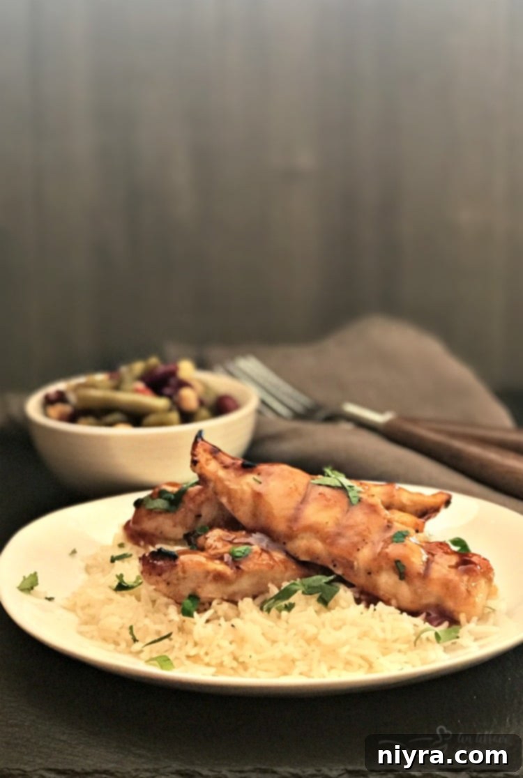 Apricot BBQ Glazed Chicken served over Basmati rice with a quick dusting of cilantro.