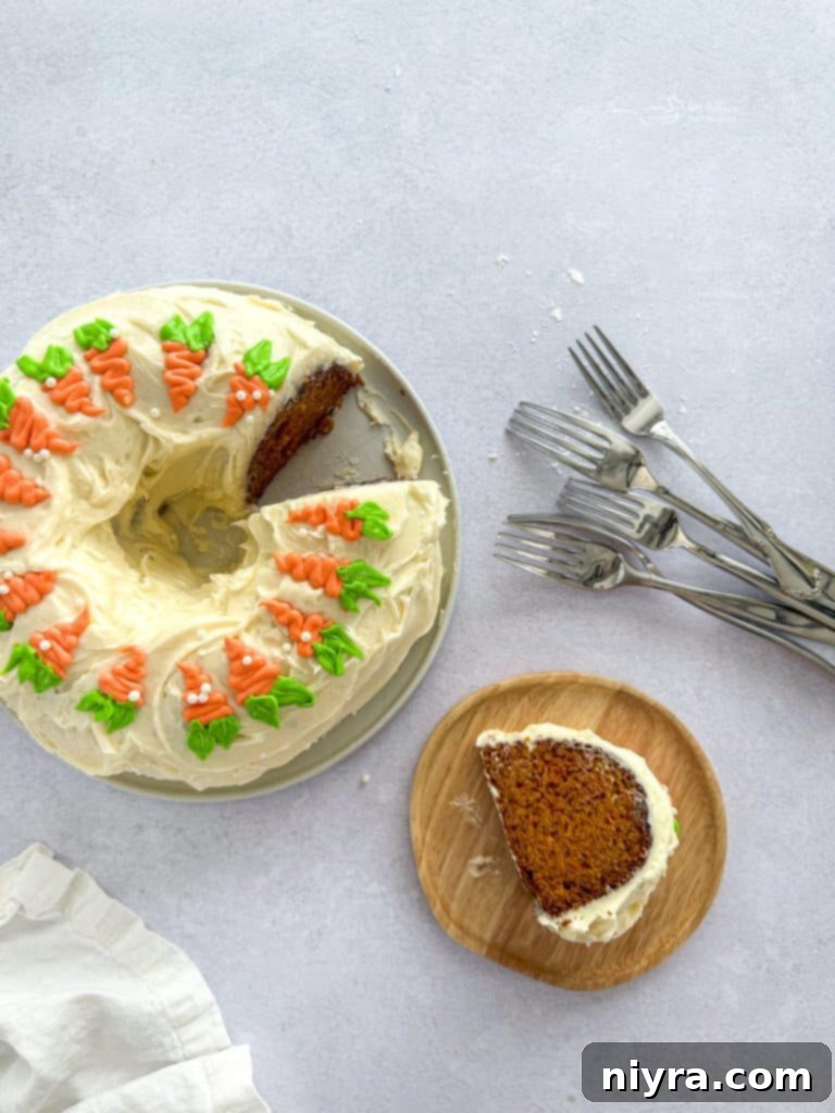 Beautifully frosted Carrot Bundt Cake, ready to be served