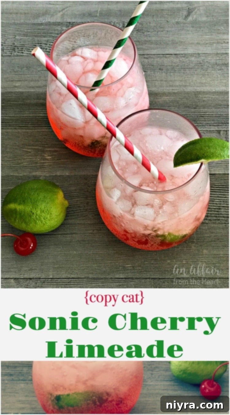 Homemade Copycat Sonic Cherry Limeade with fresh limes and cherries.