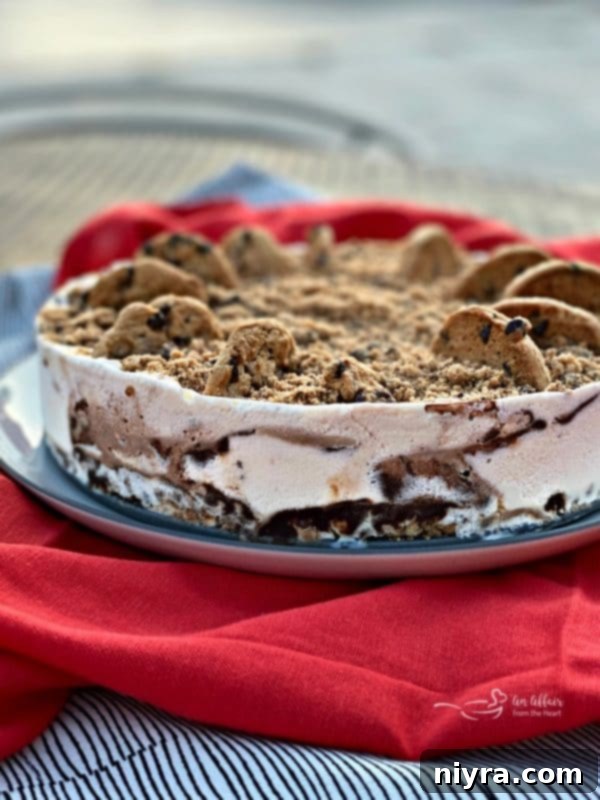 A delicious slice of Chocolate Chip Cookie Dough Ice Cream Cake, showing layers of cookie crust, ice cream, and fudge.