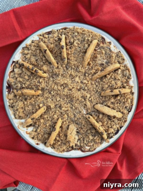 Overhead shot of the Chocolate Chip Cookie Dough Ice Cream Cake with hot fudge swirls and cookie crumbles.