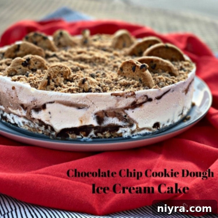 The hero shot of the assembled Chocolate Chip Cookie Dough Ice Cream Cake, ready to be served.