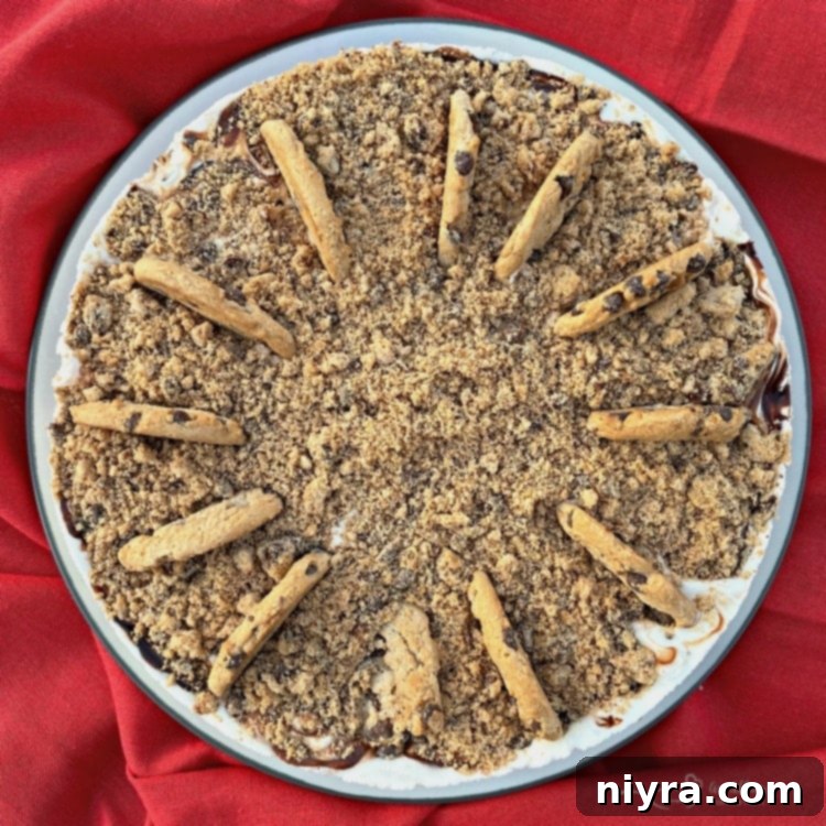 Top view of the Chocolate Chip Cookie Dough Ice Cream Cake with fudge swirls and cookie pieces.