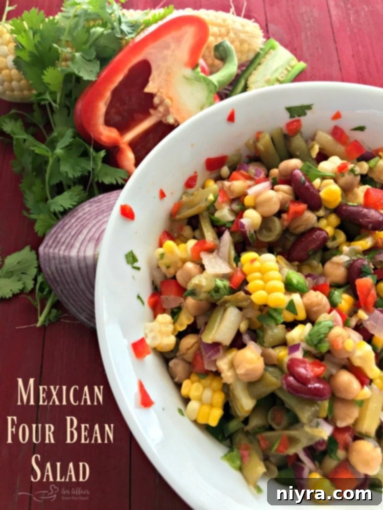 Zesty Mexican Four Bean Salad 9 Hero shot of colorful Mexican Four Bean Salad in a rustic bowl
