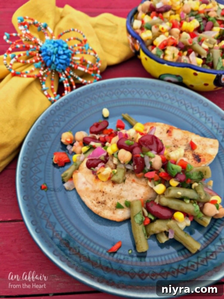 Zesty Mexican Four Bean Salad 7 Grilled chicken topped with Mexican Four Bean Salad