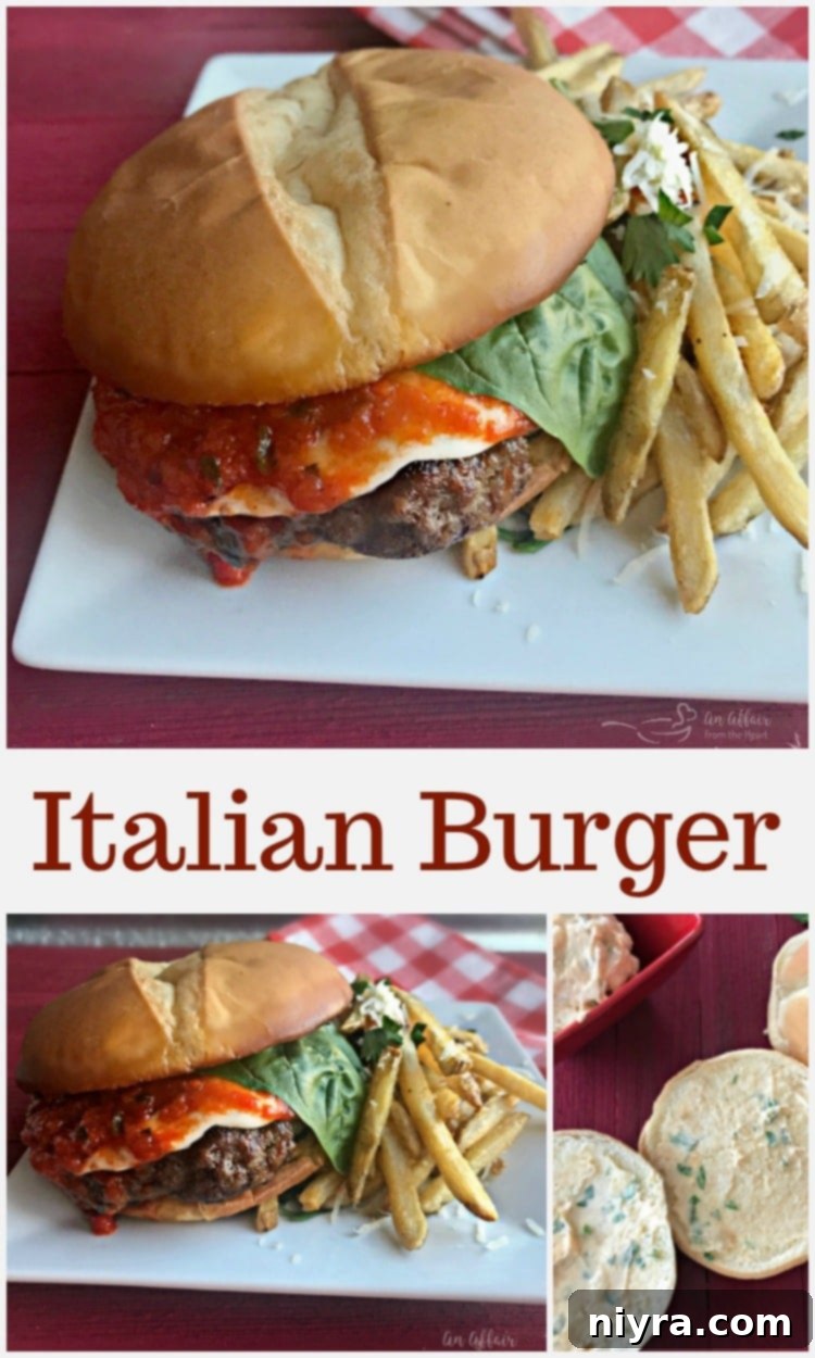 Close-up of a gourmet Italian Burger with melted mozzarella and fresh basil