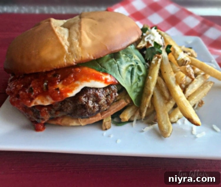 Finished Italian Burger served with truffle fries