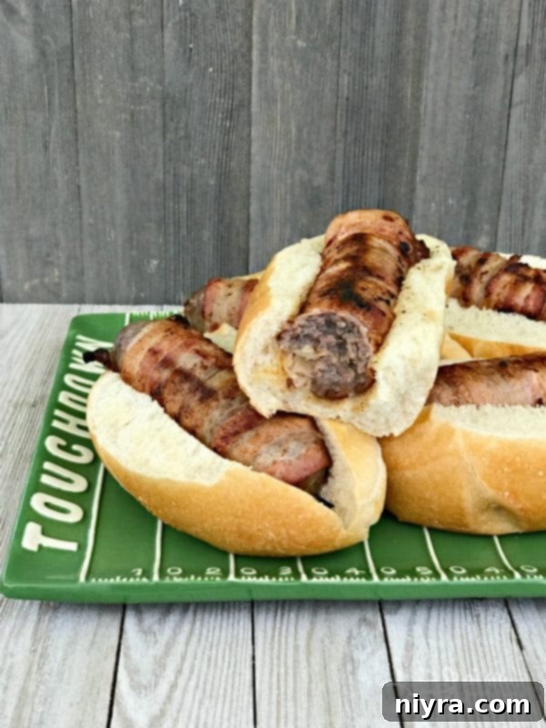 Kraut Stuffed Bacon Wrapped Brats prepared for Tailgating