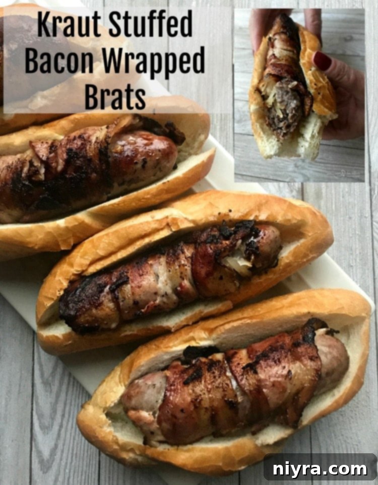 Kraut Stuffed Bacon Wrapped Brats HERO shot, ready to be enjoyed