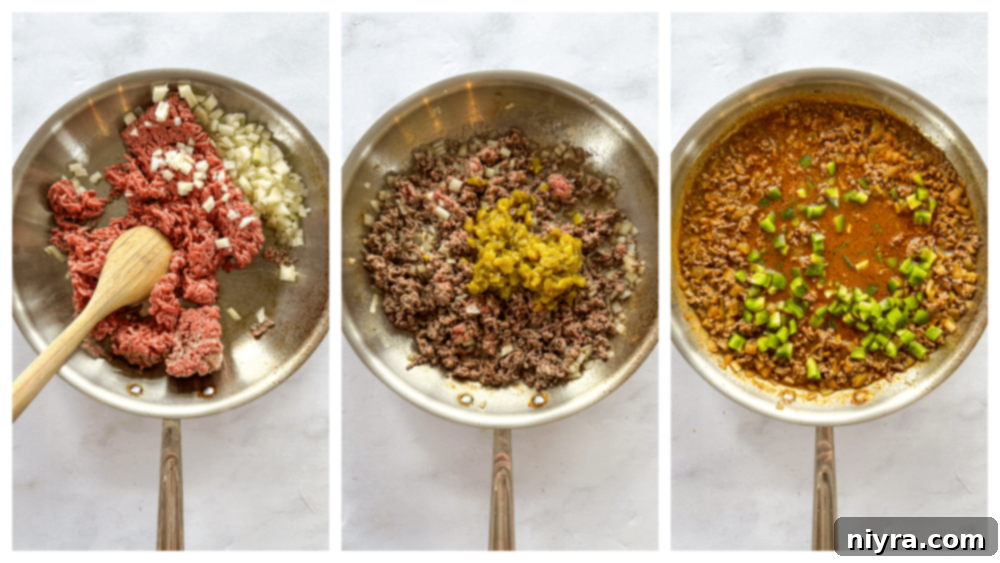 Browning ground beef with onion for taco casserole