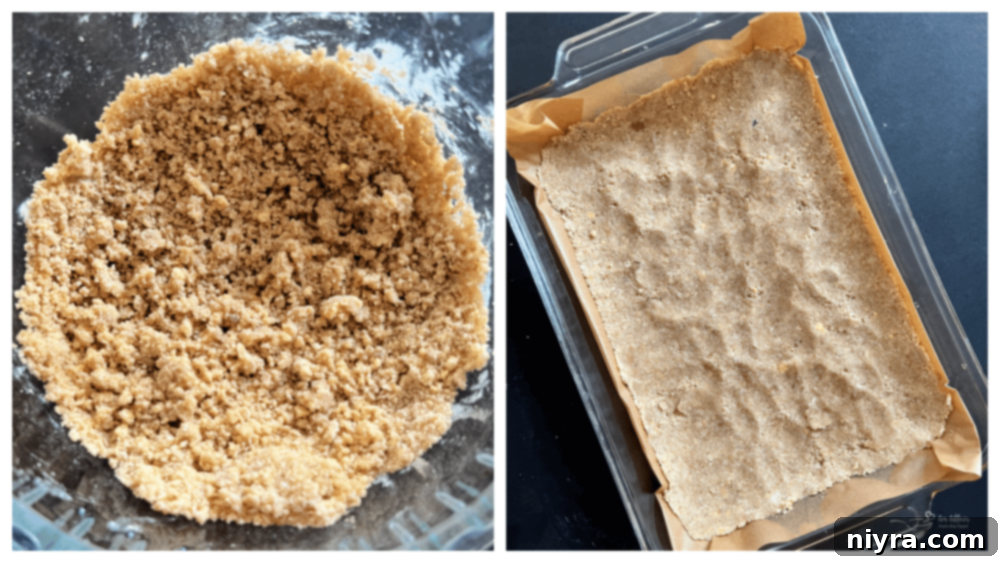 Baking pan with crust ingredients mixed and pressed, ready for the oven.