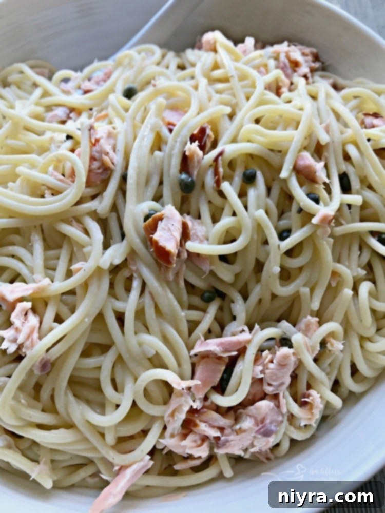 Creamy Smoked Salmon Pasta 5 Close-up of Smoked Salmon Pasta with capers and fresh dill