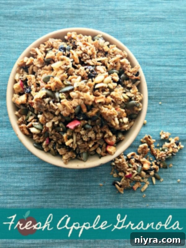 Close-up of Fresh Apple Cinnamon Granola in a Bowl with a Spoon