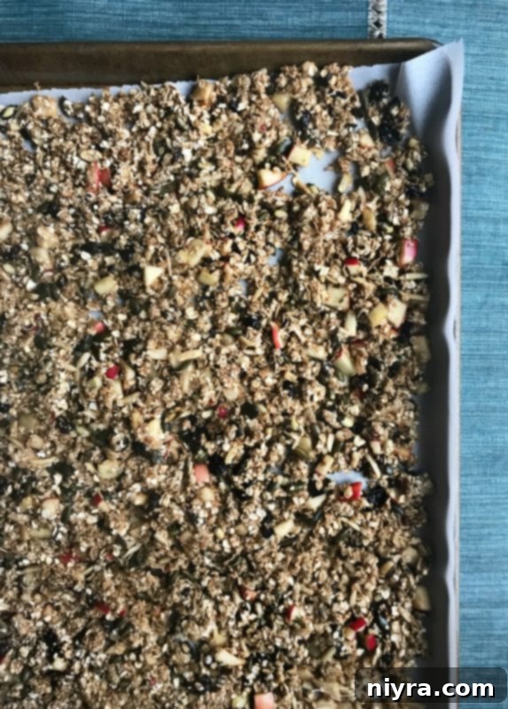 Fresh Apple Cinnamon Granola Baked on a Baking Sheet