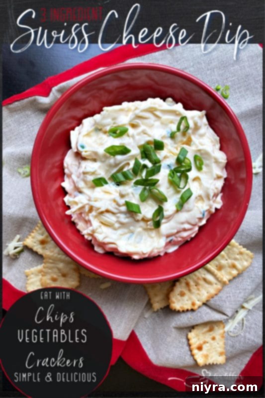 Swiss Cheese Dip served with crackers and vegetables, with text 'Love it? Pin it!'